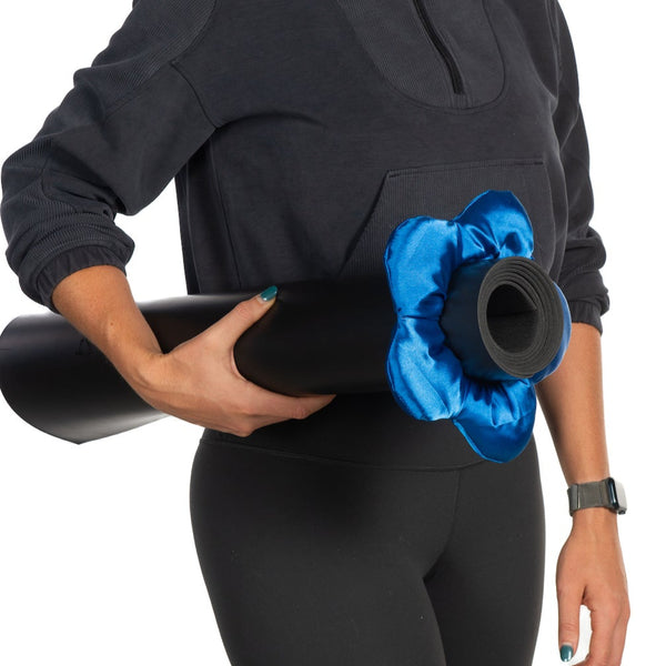 1) yoga mat scrunchie keeping mat neatly rolled – MatBloom
2) pink mat carrier – silk strap alternative
3) cobalt blue yoga mat scrunchie – flower shaped
4) pilates mat scrunchie – made in Canada
5) luxury silk yoga mat carrier – no buckle
